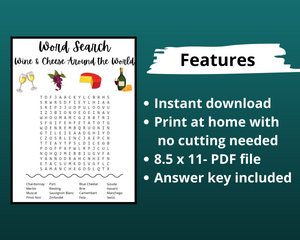 Wine & Cheese Around the World | Word Search Printable Game
